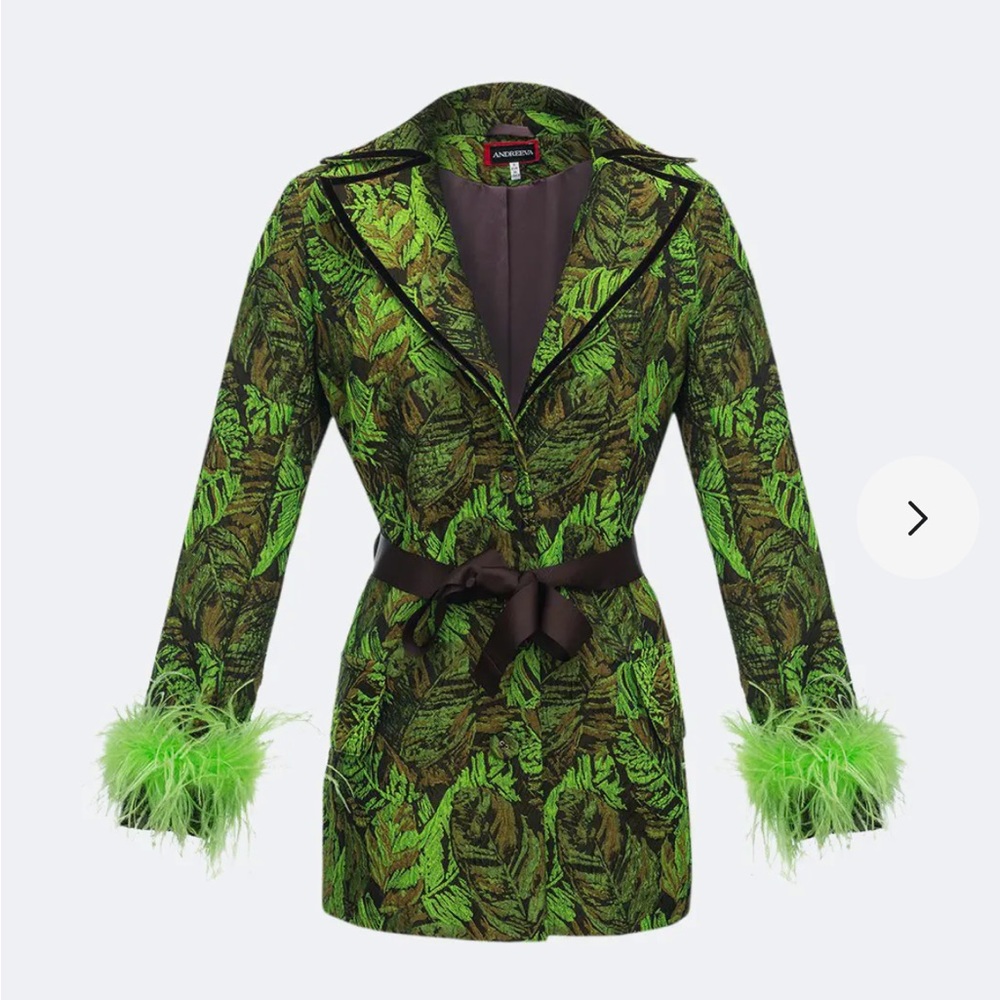 ANDREEVA Green Jacqueline Blazer №20 With Detachable Feather Cuffs